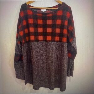 Warehouse One Women Red Plaid & Gray Bottom Long Sleeve Pullover Tunic Top Size